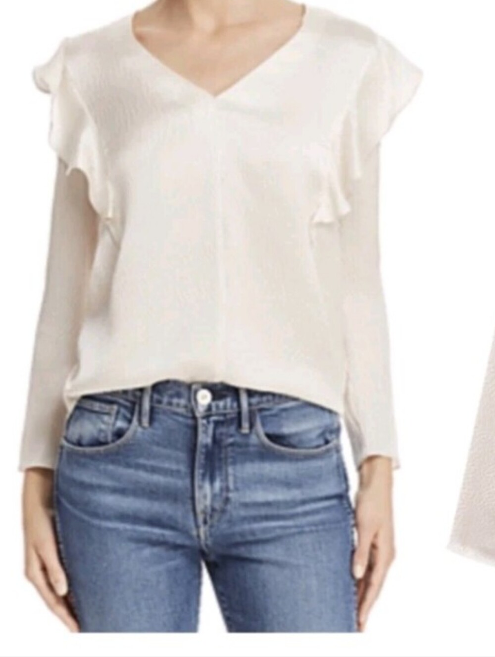 Rebecca Taylor Women Vanilla Hammered Silk Ruffle Long Sleeve V-Neck Top